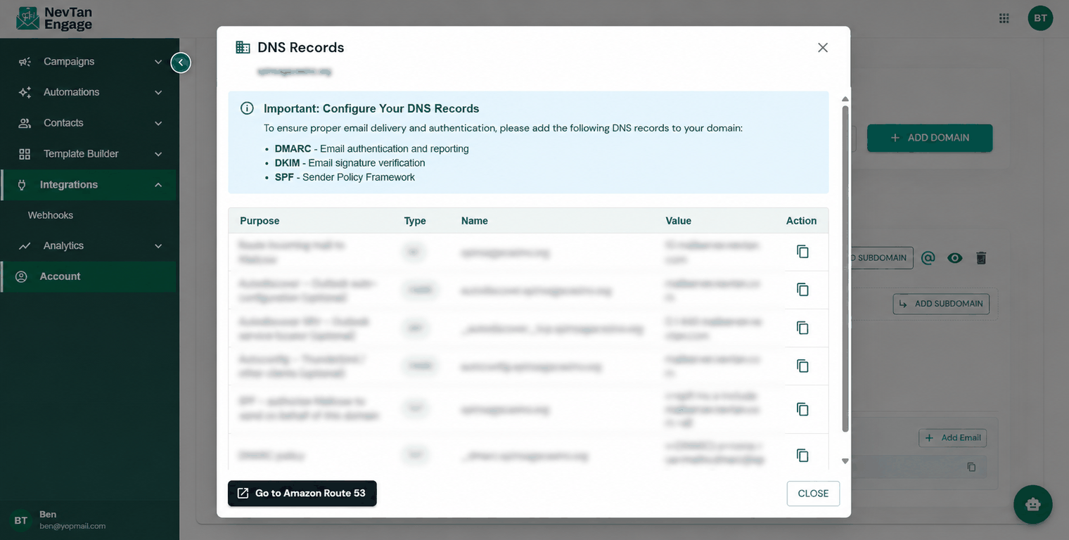 The DNS records to add at your provider