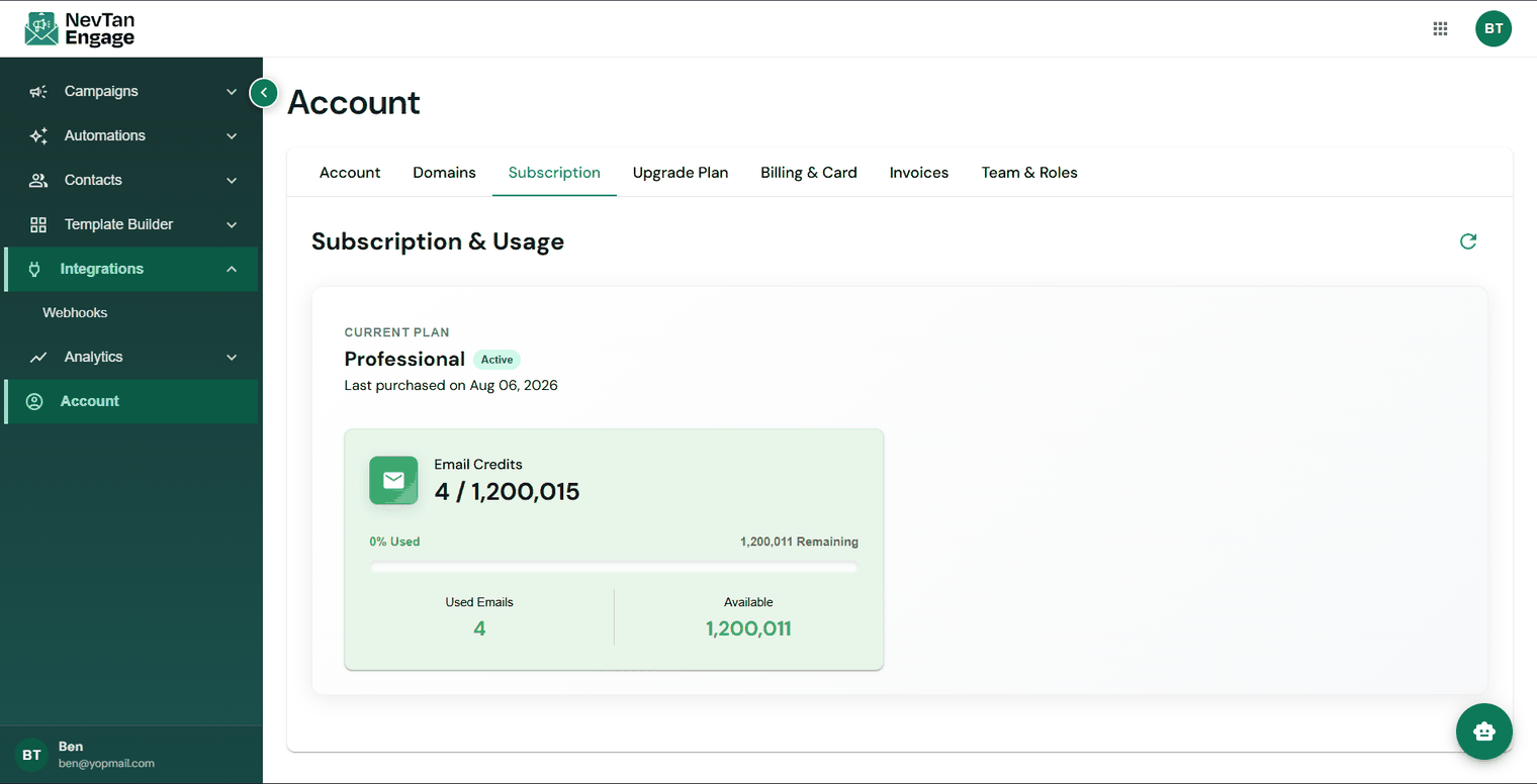 The Subscription tab with credit usage