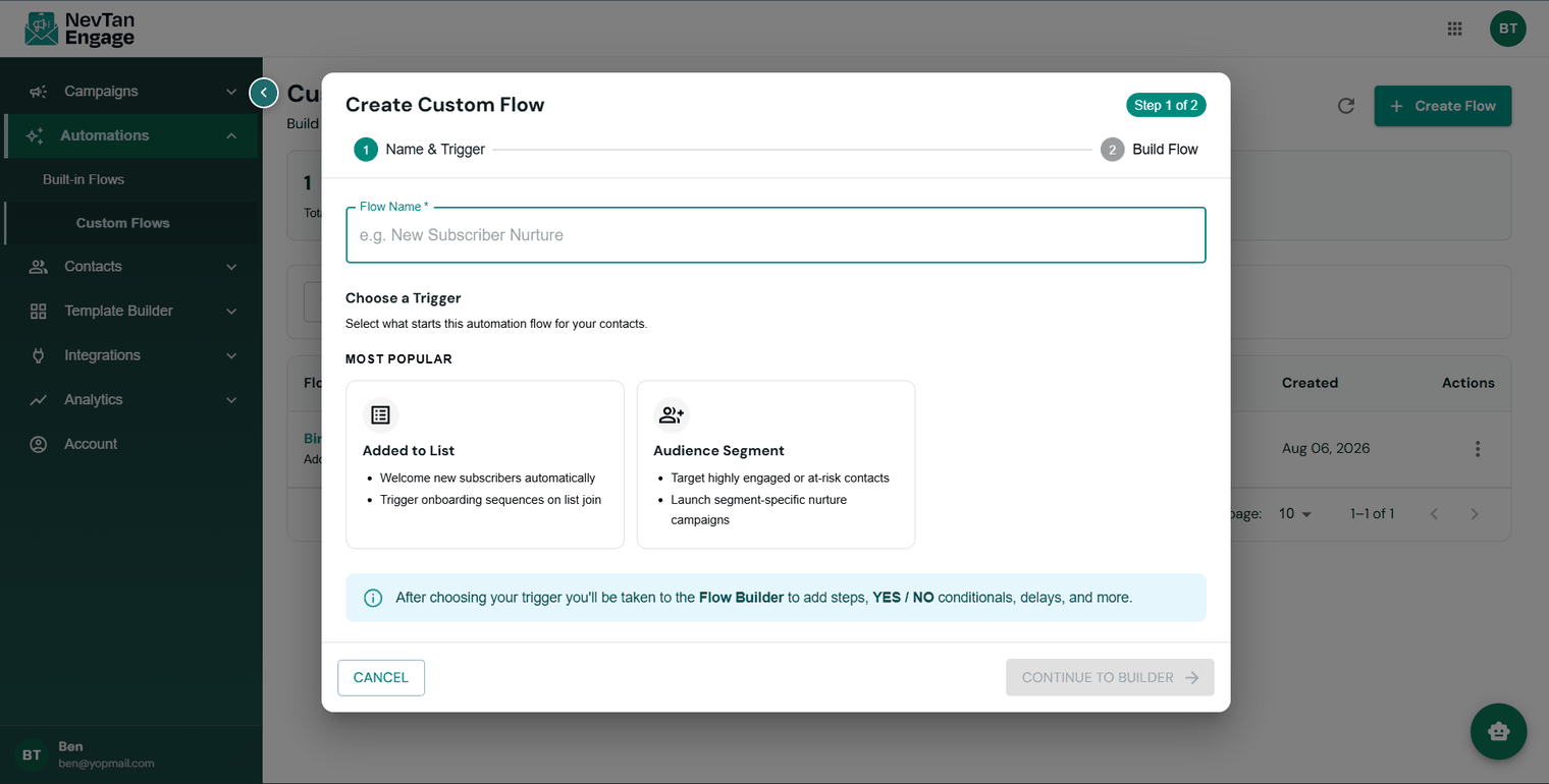 The visual flow builder with a conditional split