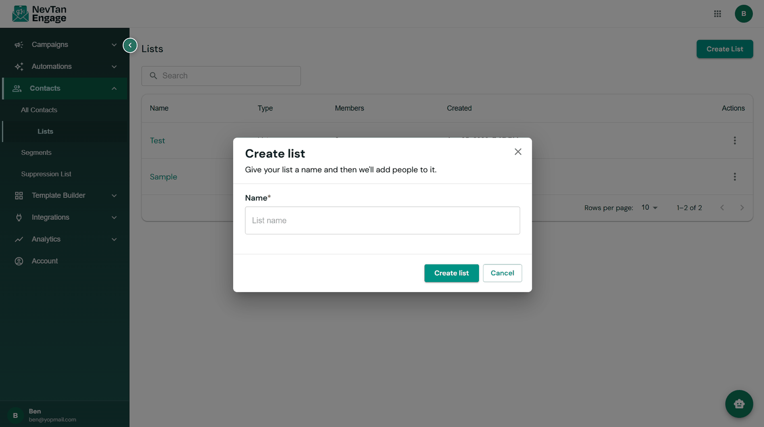 The Create List dialog