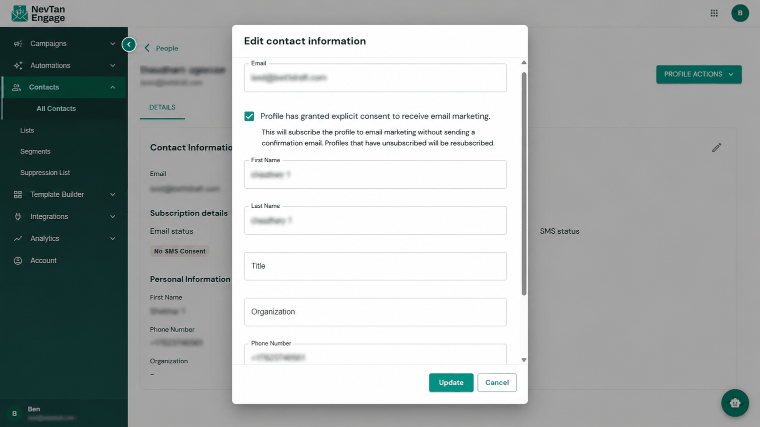 A contact's details in edit mode
