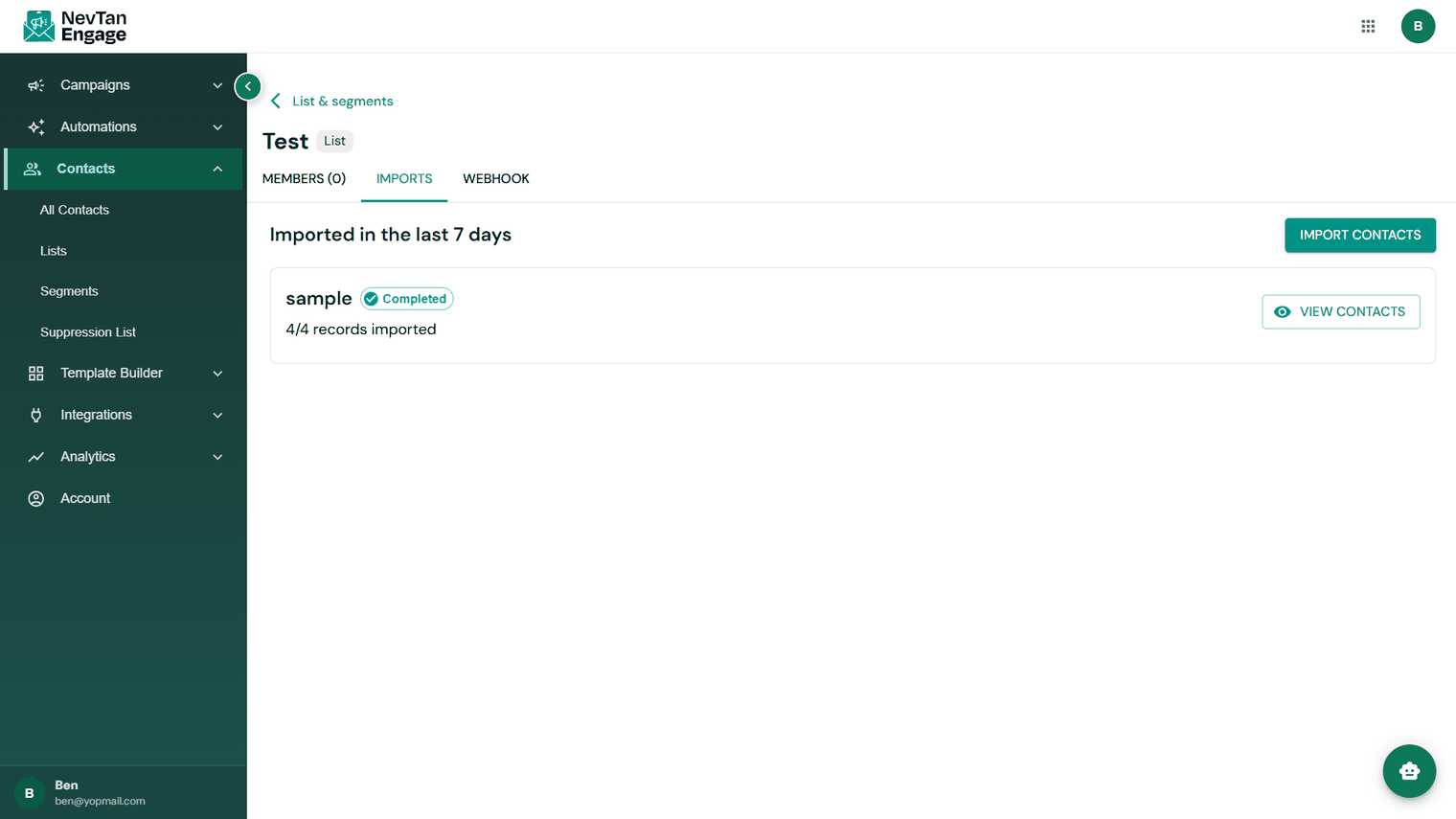 The Imports tab showing import statuses