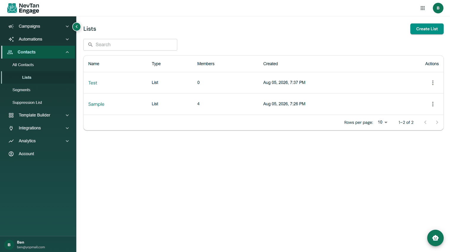 The Lists page