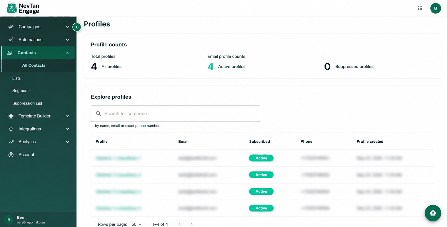 The Profiles page listing all contacts