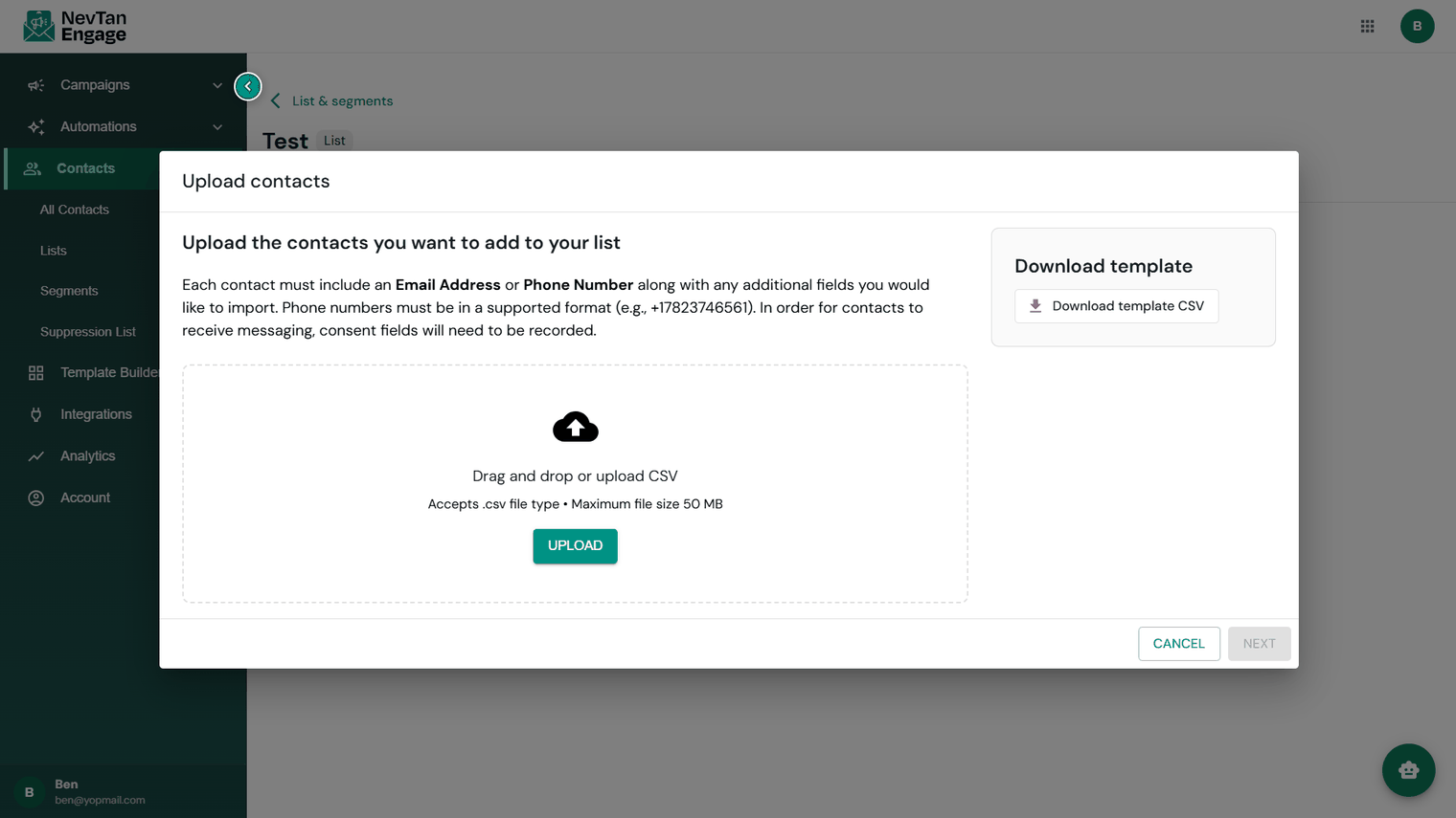 The Upload contacts dialog