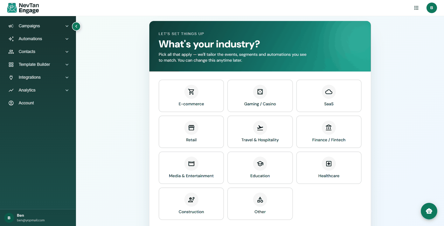 The industry selection screen