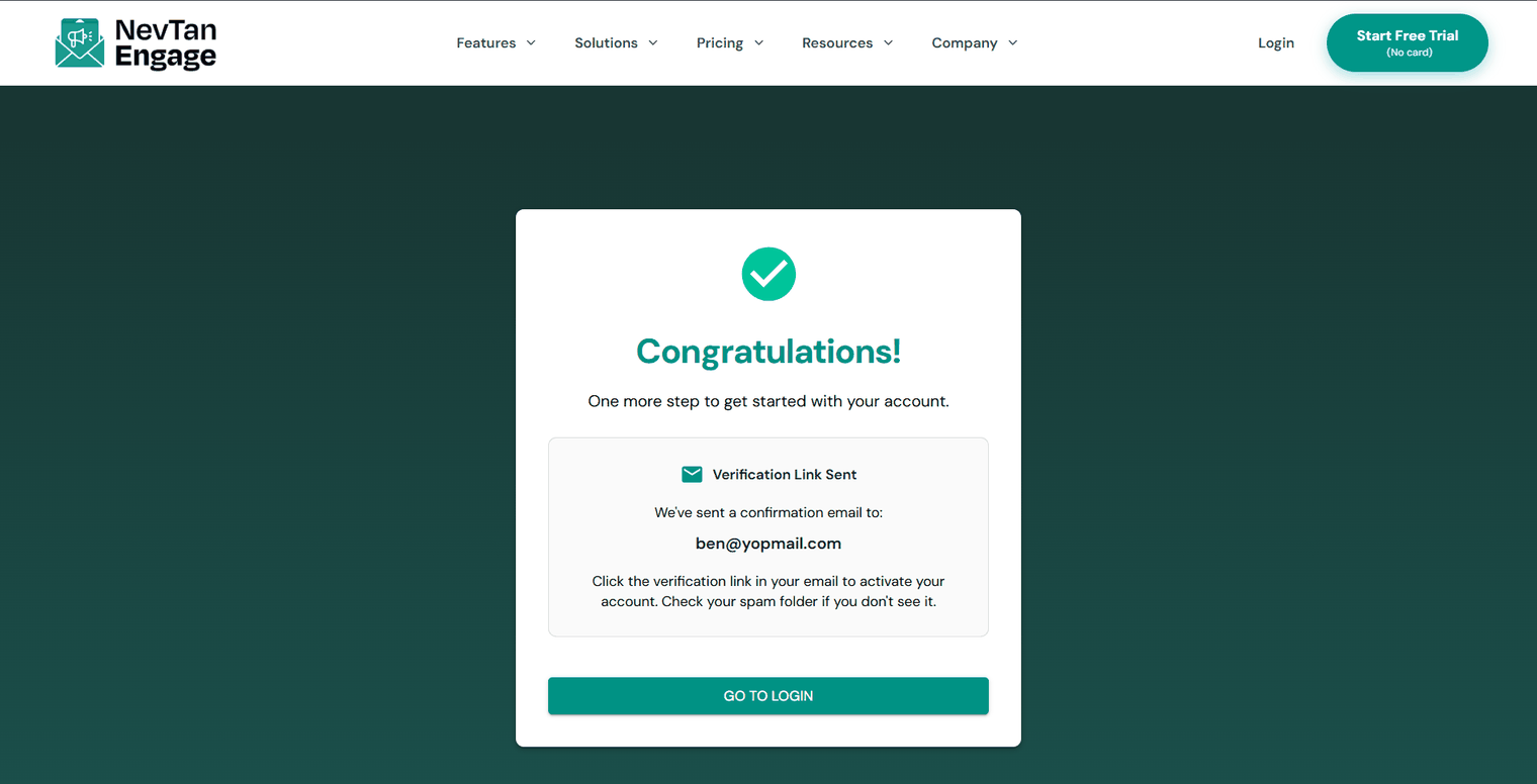 Email verification confirmation screen