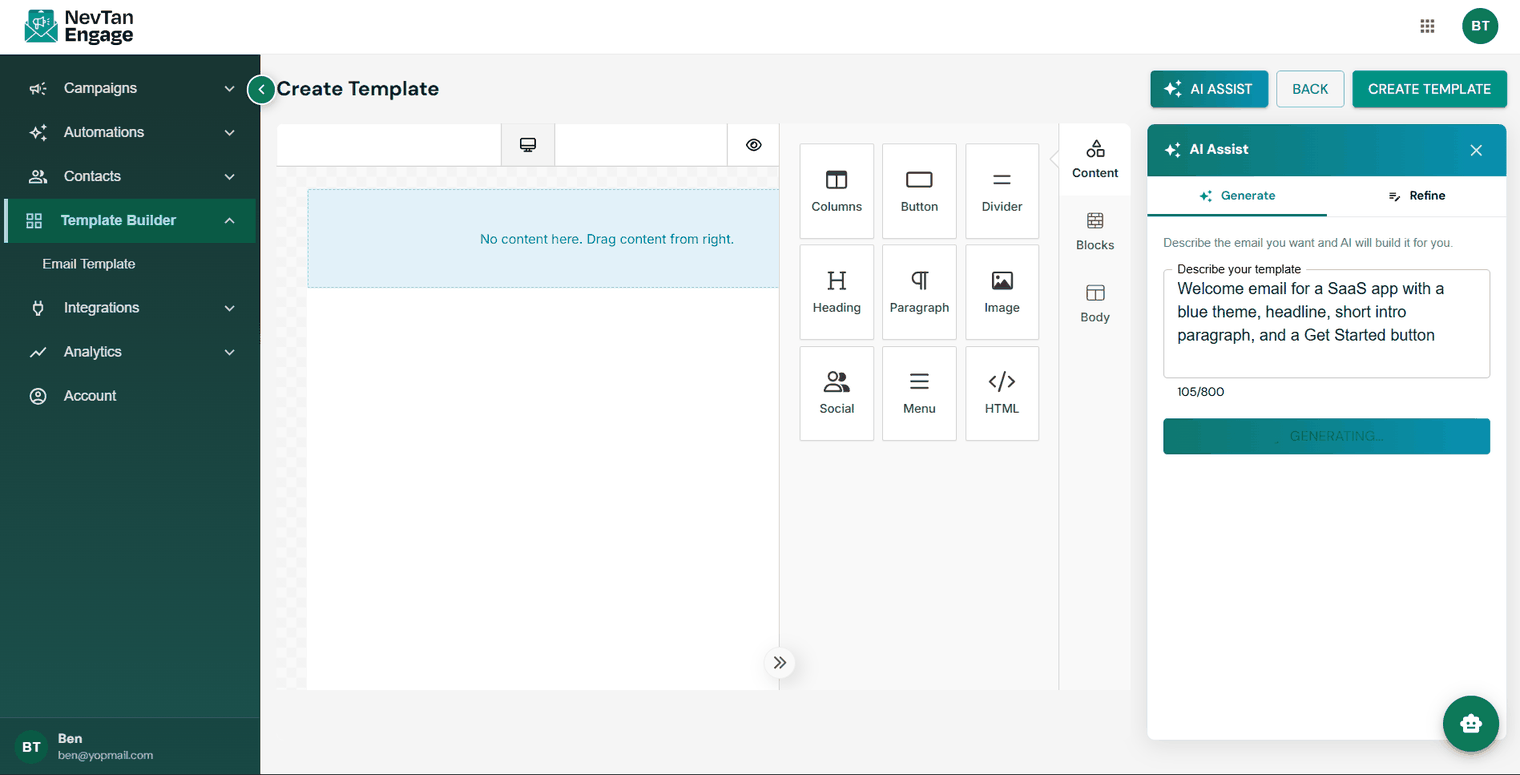The AI template Generate tab