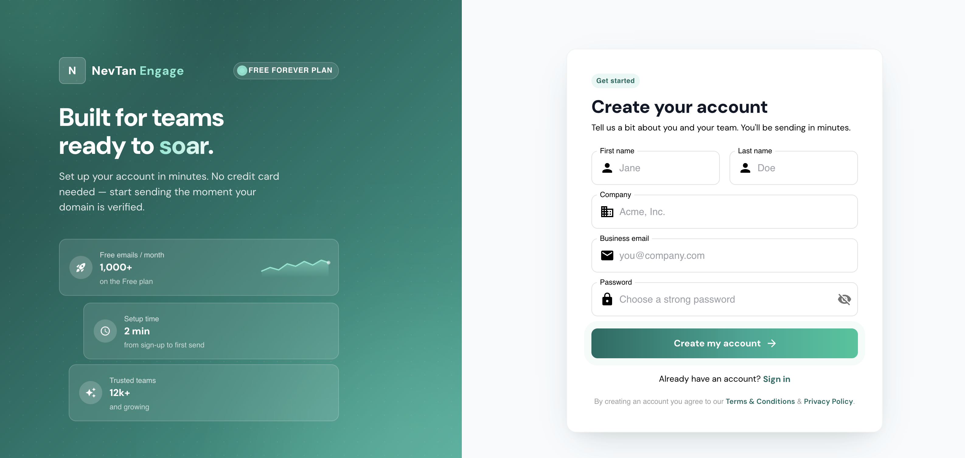 Create your Engage account — no credit card required on the Free plan.