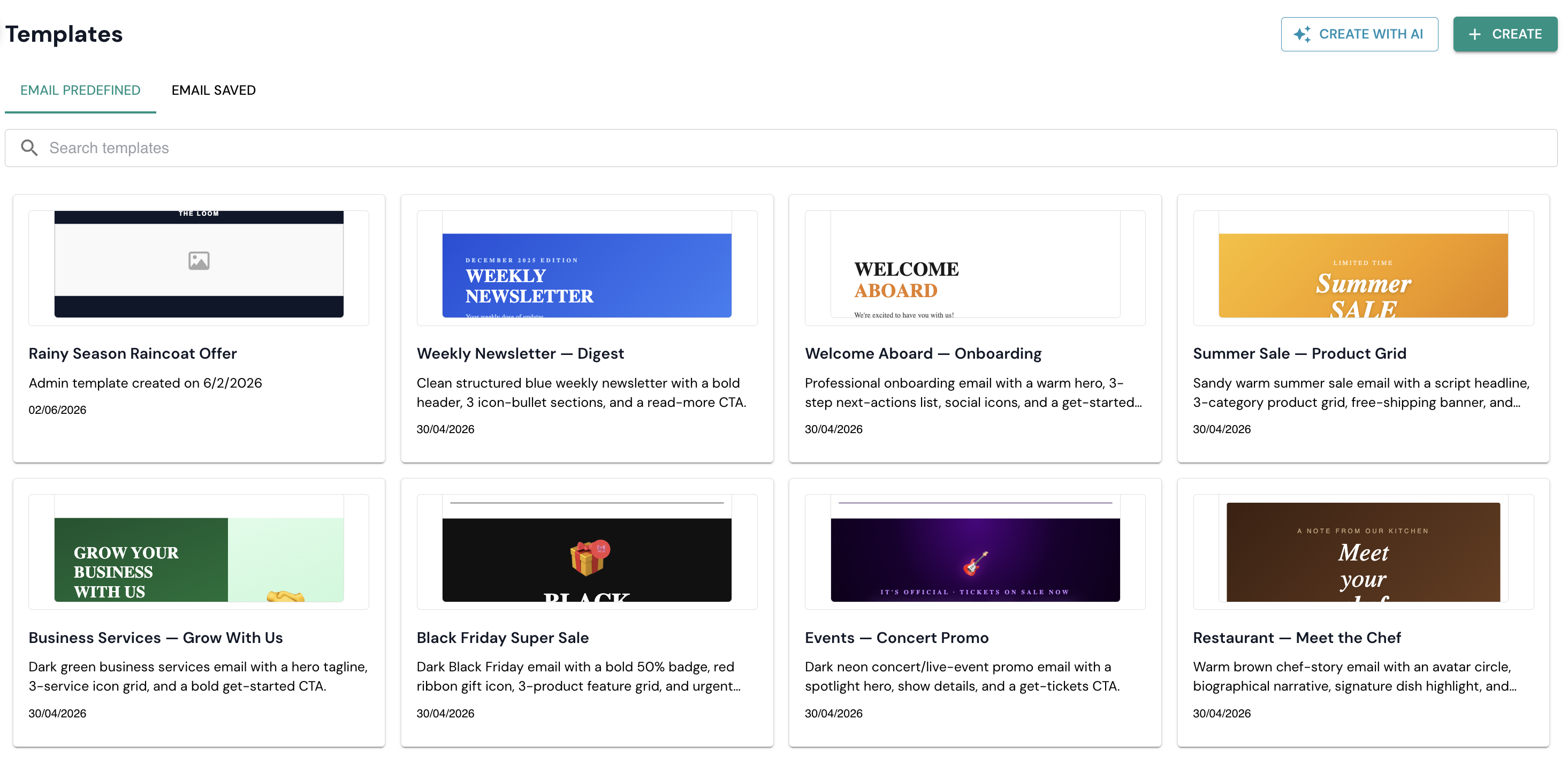Browse predefined templates or switch to Email Saved for your own designs.
