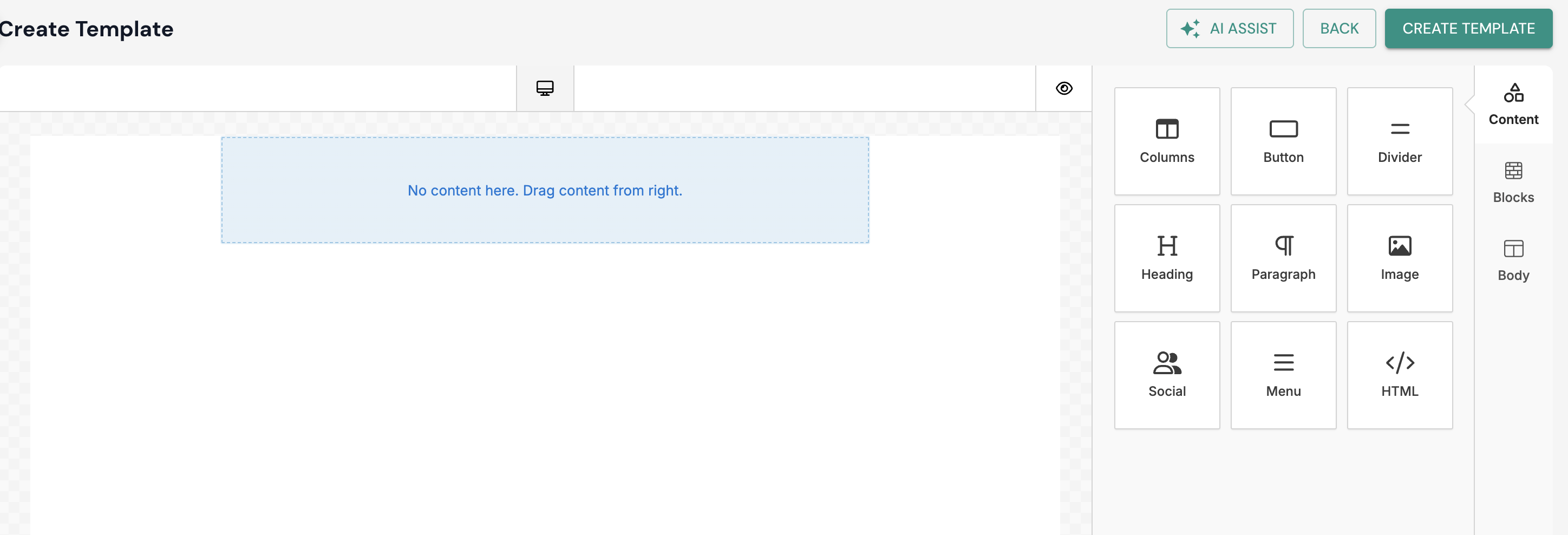 Drag content blocks from the right panel onto the canvas.